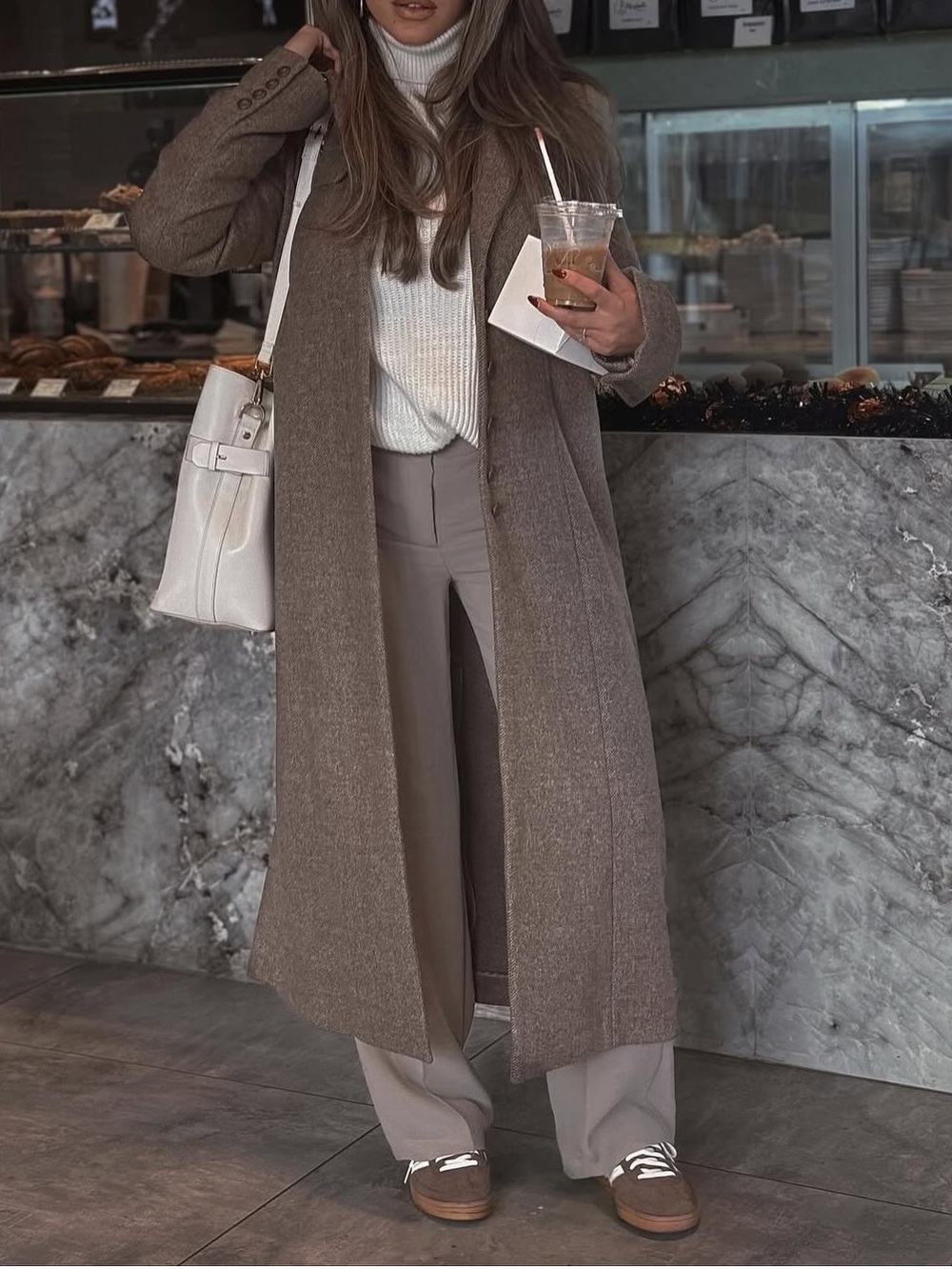 Paige Long Taupe Wool-Blend Coat with Taupe Wide-Leg Pants